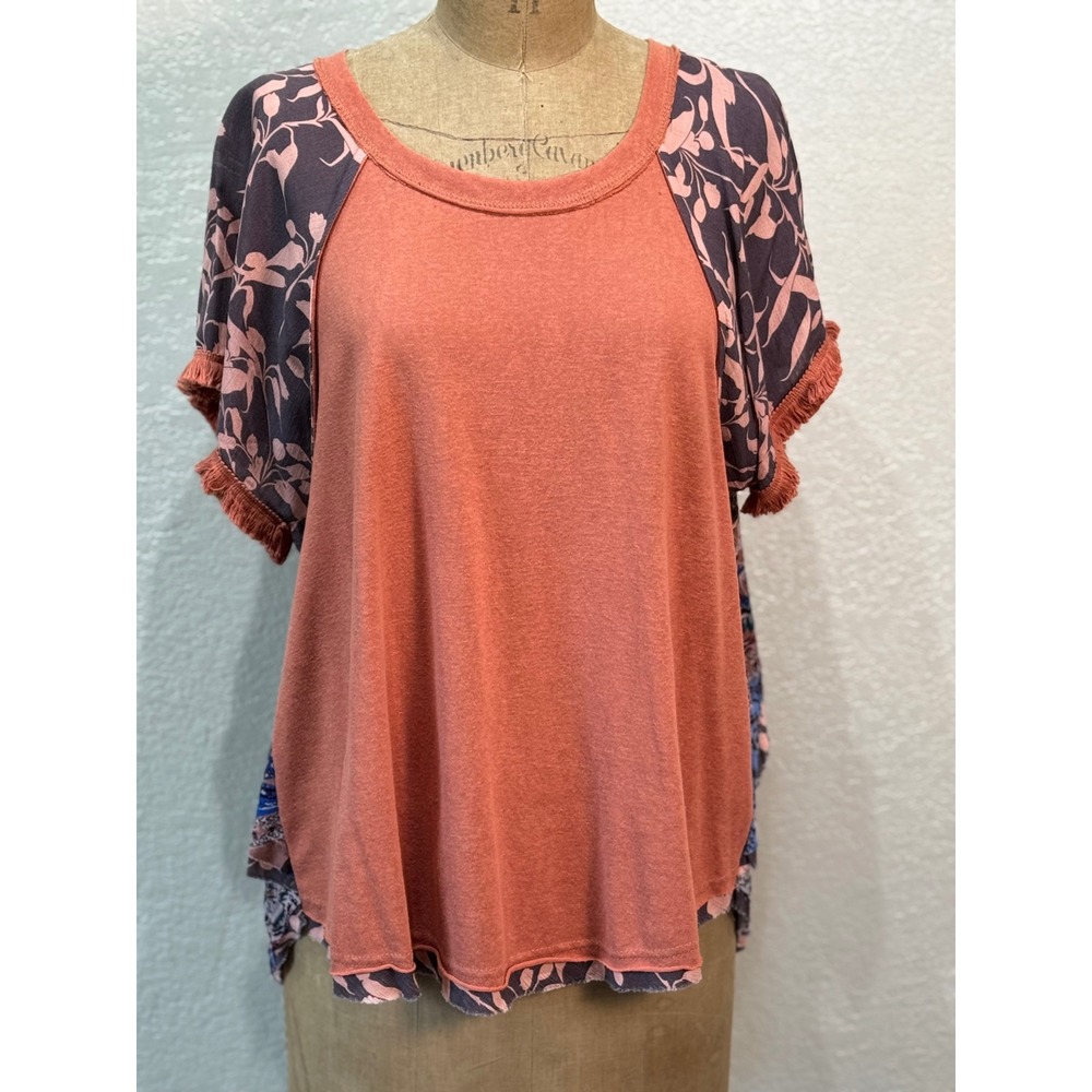 Umgee Womens Mixed Print Boho Top Terracotta Blue Paisley Floral Fringe Medium